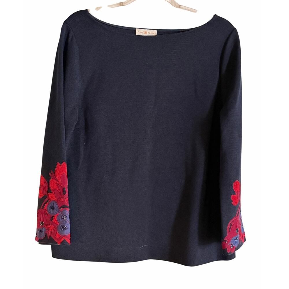 Tory Burch Lisanne Appliqued Beaded Embellished Knit Boatneck Floral 3/4 Sleeve